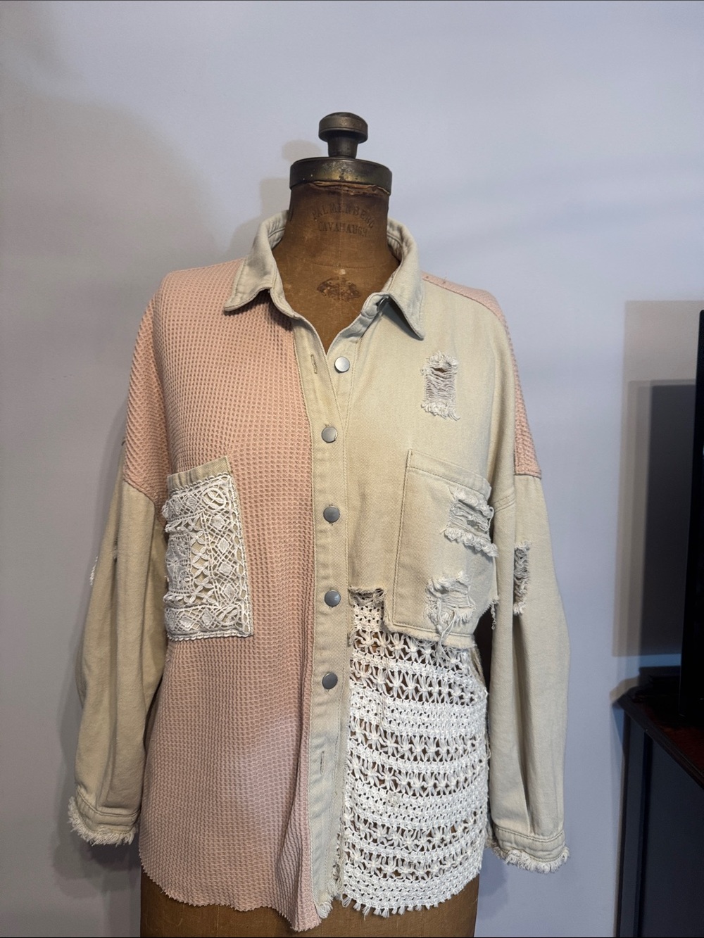 POL Patchwork Jean Jacket in Pink & Cream